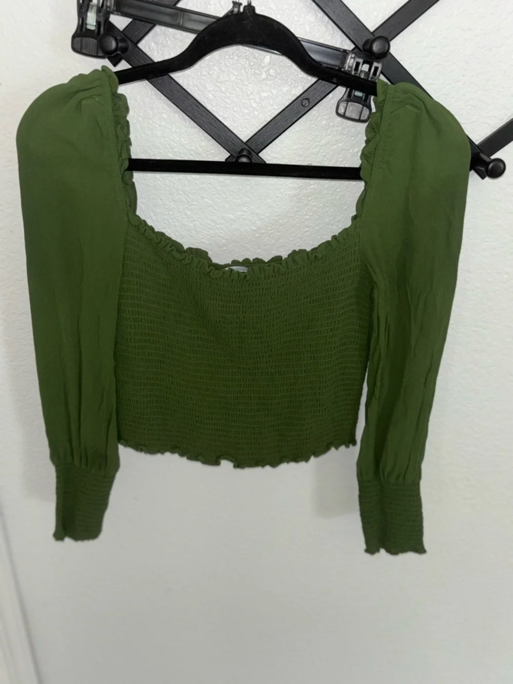 Reformation Pinto Smocked Top Green Puff Sleeve Square Neck Size M